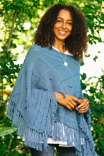 NOVICA Artisan Handmade Short Cotton Poncho Knit in Cerulean from Thailand Clothing Blue Patternedcable ' Charming Knit in Cerulean'2