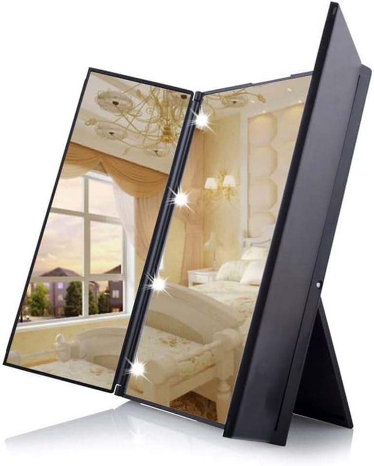 Dproptel Unique Tri-Fold Cosmetic Makeup Travel Compact Make Up, Black, 8LEDs Pocket Mirror