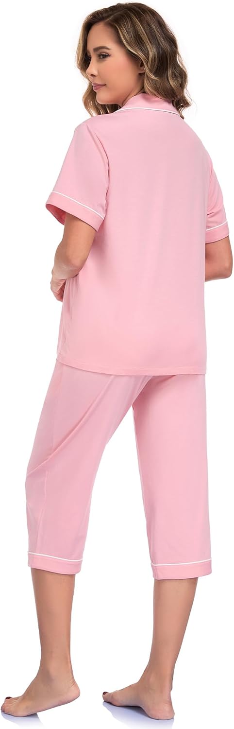 COLORFULLEAF Womens Cotton Pajama Sets Short Sleeve Button Down Sleepwear Summer Capri Pants Pjs with Pockets - Image 3