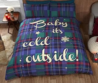 Baby It's Cold Outside Tartan Checked Quilt Duvet Cover and 2 Pillowcase Bedding Bed Set, Blue, Double