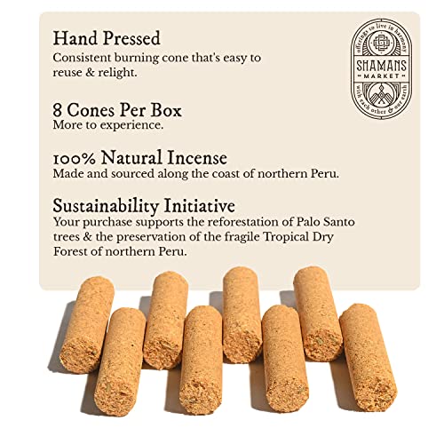 Shamans Market Palo Santo Incense Cones - 8 Pack Box, Sustainably Harvested, Serfor Certified, 100% Natural Bursera Graveolens, Energy Cleansing, 25 Minute Burn Time Per Cone #TOP1