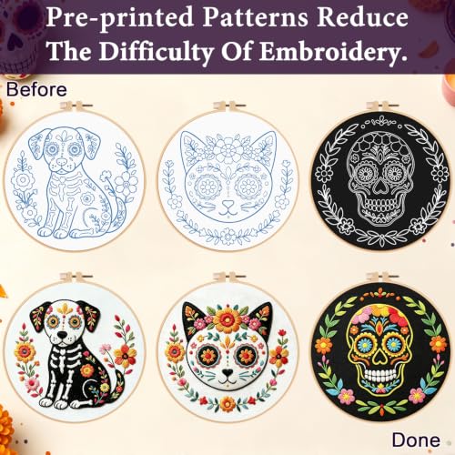 Image of Nuberlic 3 Pack Embroidery Kit for Beginners, Day of the Dead Needlepoint | Beginner Friendly Day Of The Dead Embroidery Kit Handmade Gift Pre Printed Patterns Complete Cross Stitch Starter Kit DIY