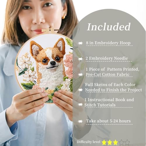 Image of FONNUY Chihuahua Dog Floral Embroidery Kit, Cross Stitch Kits for Beginners, Handmade Crafts with Printed Patterns for Beginner Adults, Easy to Follow Color Thread Needlework, 8'' Hoop (Loyal Dog)