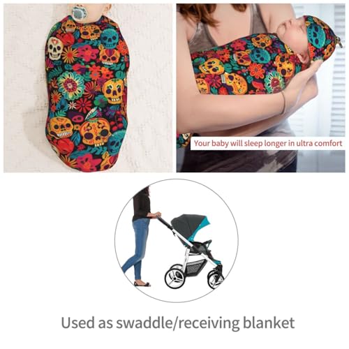 Image of Big Skulls and Flowers Newborn Swaddle Blanket with Beanie Set Soft Baby Sack Stretch Adjustable Swaddle Wraps Receiving Blankets