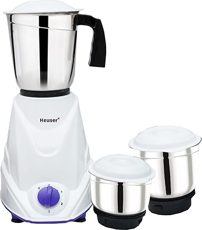 HEUSER II Mixer Grinder with Powertron Motor & Motor Vent-X Technology (3 Stainless Steel Jars, Multicolo