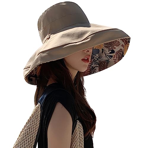 Image of HUAMULAN Women Sun Hat Summer Bucket Beach Boonie Cotton Cap Wide Brim UPF 50