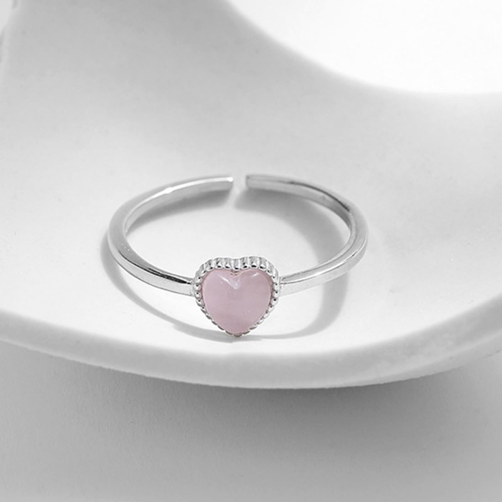 Anillo de compromiso de oro blanco de 9 K/14 K, ópalo rosa, 5 x 5 mm, ajustable