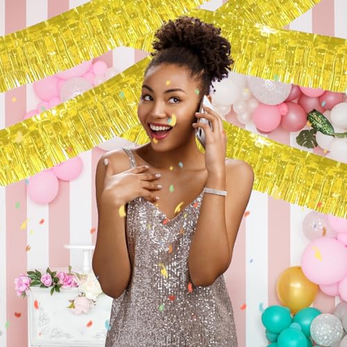 Image of 4 Packs Foil Fringe Garland Hanging Banner Wall Hanging Backdrop Streamers Curtains Shiny Metallic Tinsel Wall for Parade Floats Birthday Party Ceremonies Car Valentine's Day Wedding