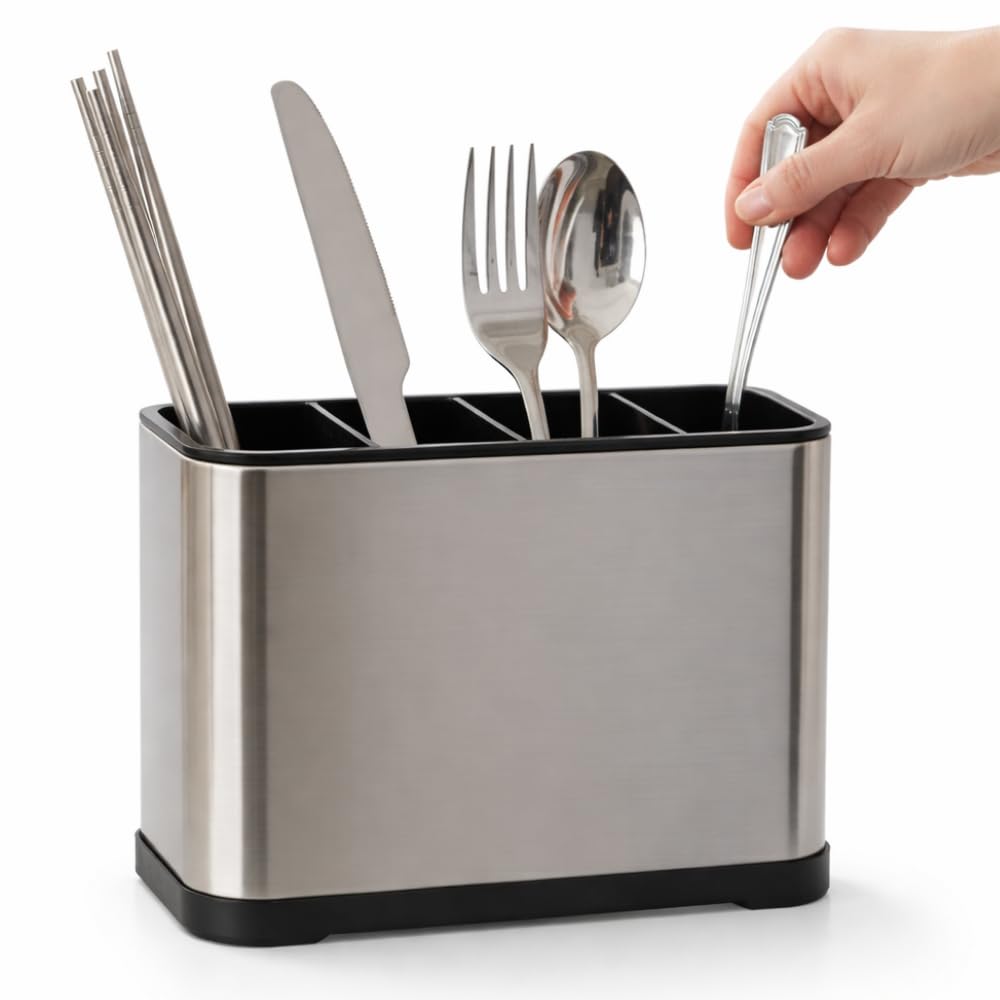 Escorredor de Talheres Inox com Divisórias e Porta Utensílios | Organizador de Pia e