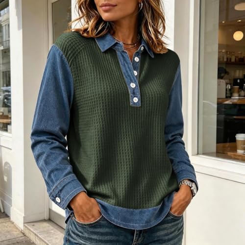 Waffle Tops for Women Jean Patchwork Collared Button Lightweight Shirts - image 4