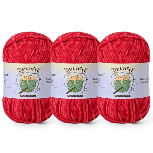 Image of 3 Pack of 300g (590yds) Fuzzy Chenille Yarn for Crocheting,Fluffy Amigurumi Crochet Yarn for DIY Craft /Hat /Clothes, Soft Velvet Baby Blanket Yarns(3 Red)