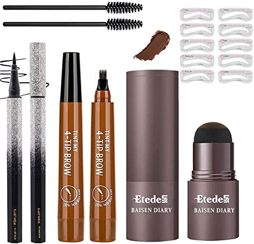 Eyebrow Powder, Eyebrow Tattoo Pencil with Eyebrow Brushes, long Lasting Waterproof 10 Reusable Eyebrow Stencil 3 styles