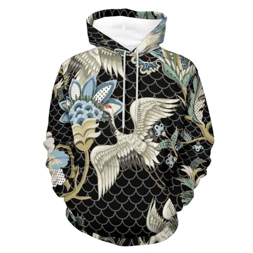 Sweat à capuche oiseau fleuri UMENG pour homme et femme, pull noir taille S