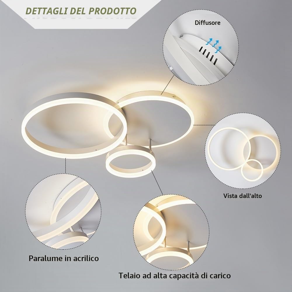 Plafoniera LED Soffitto,65CM Lampadario Camera da Letto Dimmerabile 3000K-6000K in Alluminio,Lampadario LED Soffitto 54W 5400lm per Camera da Letto, Salone, con Telecomando, Tre cerchi