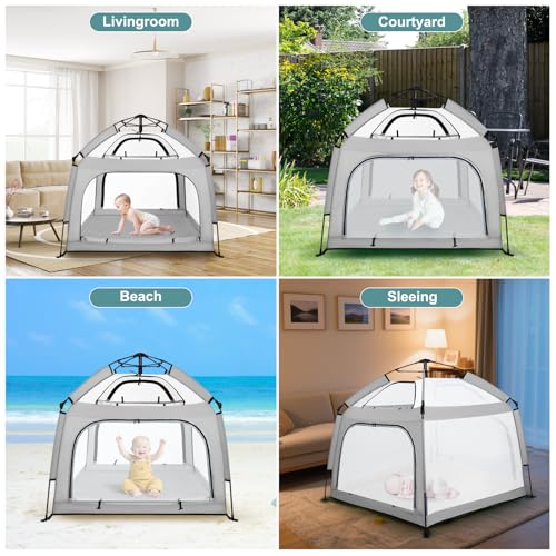 Image of Bend River Baby Playpen with Canopy, Square Toddler Beach Tent (Grey) | Portable Infant Play Yard, Mosquito Net, Indoor and Outdoor, Instant Installation, Pop Up, Travel Bag
