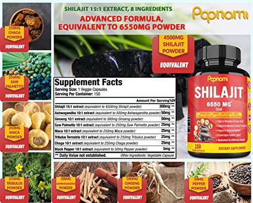 Papnami Shilajit Extract Capsules, Brain Boost,Immune Support, Equivalent To 6550Mg, 5 Months Supply, 150 Capsules #TOP1