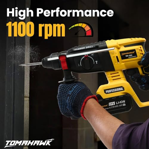 Image of TOMAHAWK YRH-7865 Cordless Rotary Hammer Drill Machine For Drilling And Chiseling-21V,4.0Ah Battery Reversible Hammer Drill Machine With Drill Bits For Home 1100Rpm,750W,26Mm