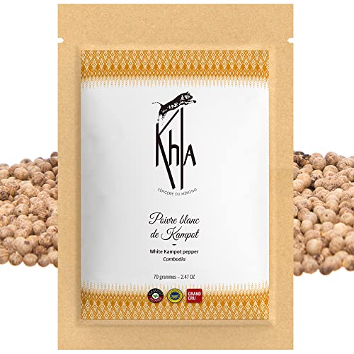 Khla - Kampot Pfeffer Weiß Bio 70g - Weißer Pfefferkörner Ganz Biologisch - Grand Cru, Stark & Kräftig - Zutat Küchen - Direkt vom Erzeuger - Weiße Körner Ganze für Mühle - Herkunft Kambodscha