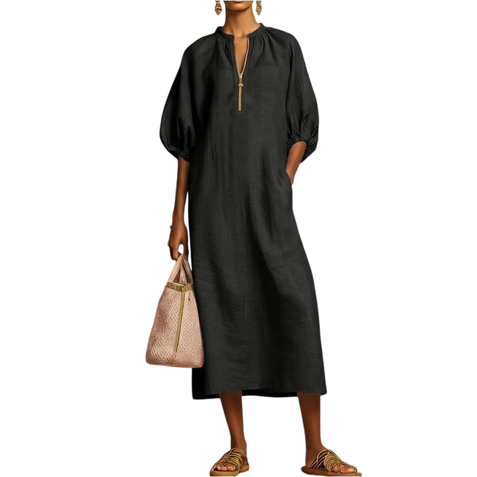 Abito Midi dalla vestibilità Ampia con Collo Diviso e Maniche a Sbuffo | Abito primavera-estate casual ampio con scollo a V e abito da vacanza casual con tasche