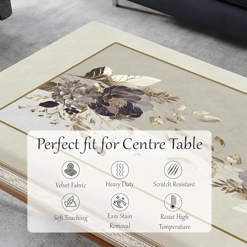 Image of Cloth Fusion Velvet Floral Centre Table Cover Cloth 4 Seater with Stunning Gold Foil Design for Home Decor (40x60 Inch, Beige)