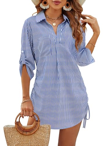 Blooming Jelly Womens Bathing Suit Cover Ups Bikini Swimsuit Coverup Drawstring Beach Dress Shirt(Medium,Blue Striped)