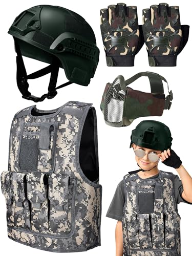 Cuffbow 4 Packs Kids Tactical Vest Helmet Gloves Mask Set Paintball Vest Paintball Airsoft Fast Helmet Mask Gloves(Camouflage Green)