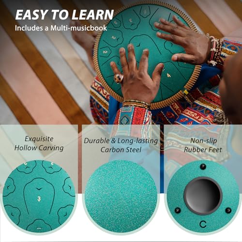 Image of Steel Tongue Drum, 13 Inch 15 Notes Tongue Drums, C Major 440 Hz Drum Percussion Instruments, Handpan Drums with Music Book, Drum Mallets and Carry Bag (Malachite Green)