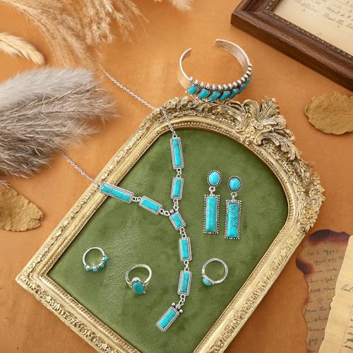 Image of Ecally Bohemian Western Jewelry Turquoise Set Women Country Pendant Long Choker Layered Bracelets Earrings Ring for Women