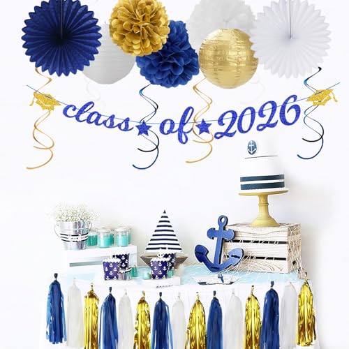Image of Navy-Blue White Gold Graduation Party-Decorations Garland - 31pcs Congrats Grad Class 2026 Banner,Hat Hanging Streamers,College High School Congratulations Masters Classroom Backdrop Decor Burgleda