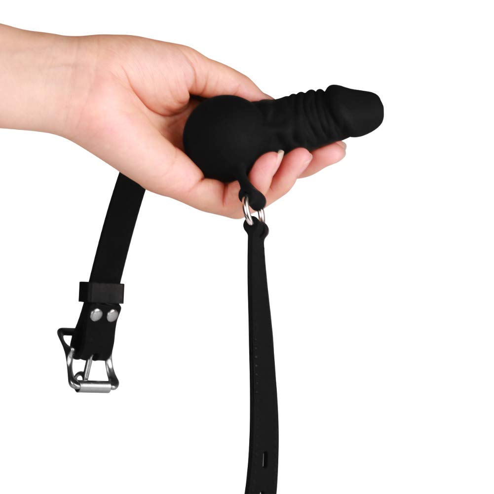 Gode SXOVO Gag Gode réaliste Bouche avec Boule Noir Silicone Noir Boule Pénis Réglable Bracelet SM Gode anus Masturbateur Sextoys