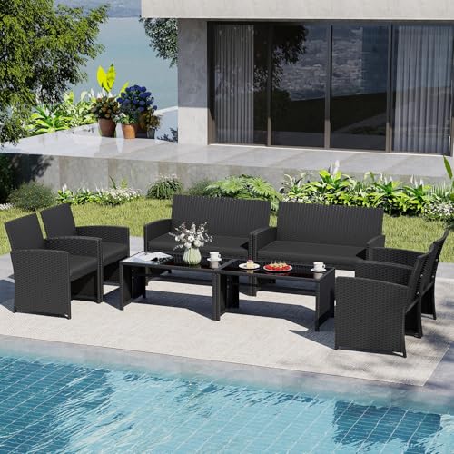 Image of Tangkula 8 Pieces Patio Wicker Furniture Set, Outdoor Heavy Duty Rattan Cushioned Chairs, Loveseat and Tempered Glass Coffee Table, for Backyard, Balcony, Poolside (2, Black)