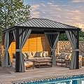 YITAHOME 10X12FT Metal Hardtop Gazebo Outdoor Patio Single Top Canopy Galvanized Iron Aluminum Column Garden Tent Curtains Netting for Backyards Decks Lawns,Gray