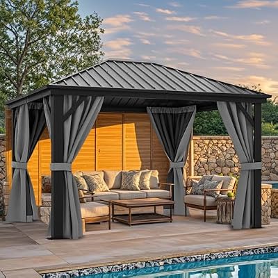 YITAHOME 10X12FT Metal Hardtop Gazebo Outdoor Patio Single Top Canopy Galvanized Iron Aluminum Column Garden Tent Curtains Netting for Backyards Decks Lawns,Gray