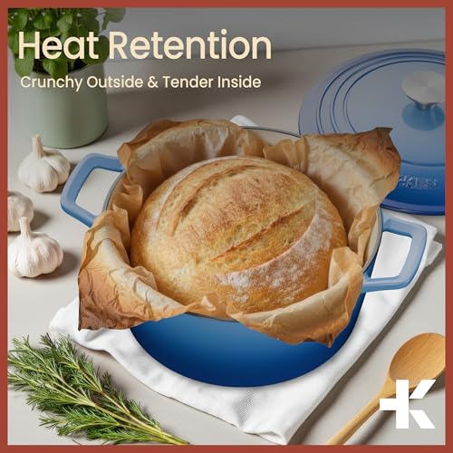Image of Bakken Enameled Cast Iron Dutch Oven Pot, 6QT Dutch Oven for Bread Baking, Braising & Roasting, Kitchen & Campfire Cooking, Moisture-Locking Lid, Oven Safe Up To 500F, Works on All Cooktops, Blue