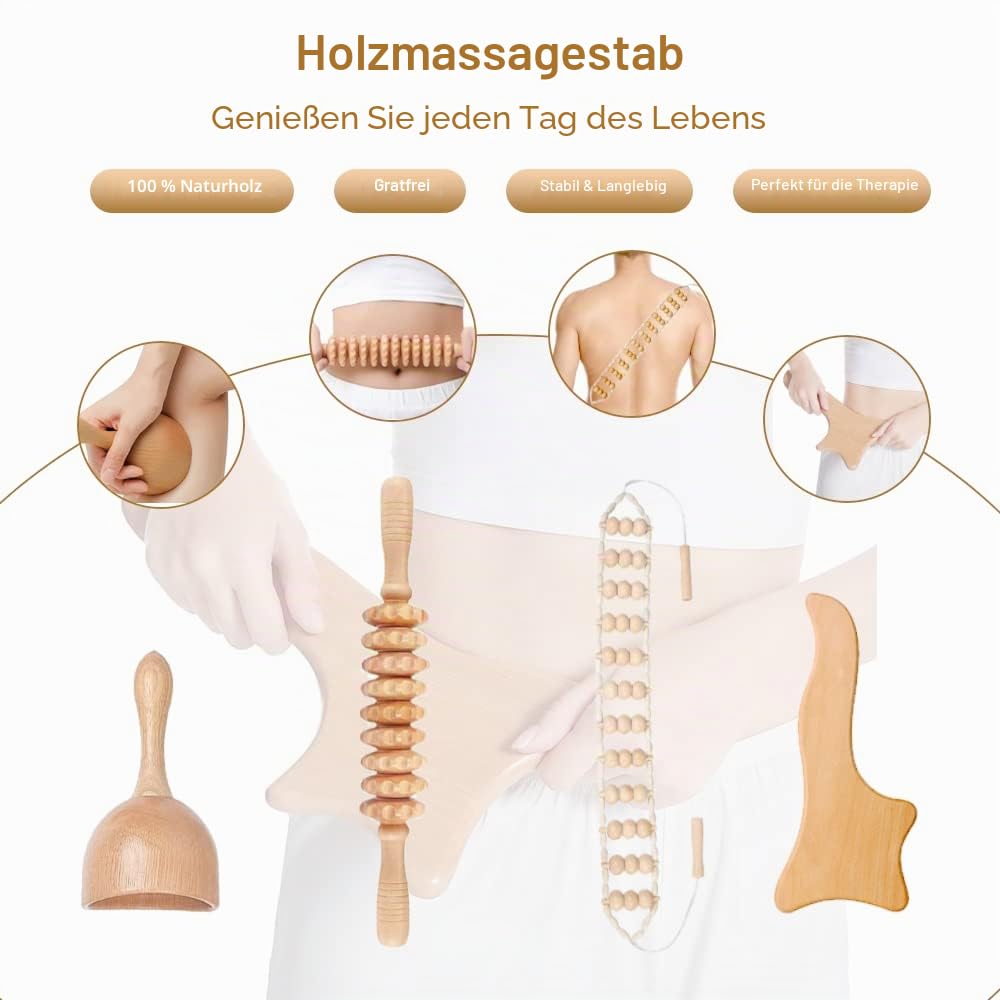 Maderoterapia-Set für Cellulite, Lymphdrainage, gebogenes Holzmassagegerät für Beine, Bauch, 9-teiliges Holz-Massagegerät für Körperformung, 9-teiliges Maderoterapie-Set