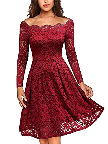 MISSMAY Women's Vintage Floral Lace Long Sleeve Boat Neck Cocktail Party Swing Dress (X-Small, A-red)