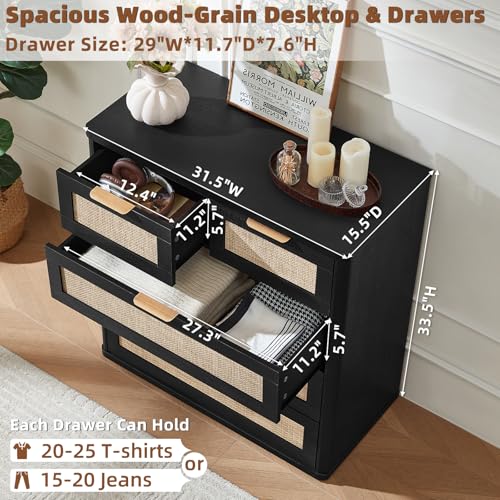 Image of LEYAOYAO Rattan Dresser for Bedroom, 33.5 inch Tall Chest of Drawers, Modern 5 Drawers Boho Dressers with Storage, Light Oak Dresser Wooden Closet Organizer for Living Room, Hallway, Black