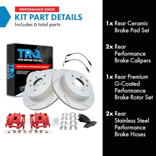 Image of TRQ Performance Rear Brake Pad and Rotor Kit Ceramic Slotted Drilled | For 2013 Infiniti JX35 14-18 Infiniti QX60 09-18 Nissan Murano 11-17 Quest 13-20 Pathfinder