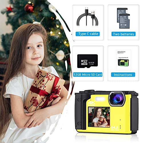 Saneen Digital Camera, 4K 64Mp Cameras For Photography, 16X Zoom Vlogging Camera For Youtube With Wifi, Selfie Dual Screens Small Compact Camera With 32Gb Sd Card,2 Batteries For Beginners - Yellow #TOP7