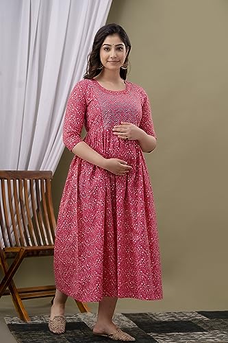 Image of Maternity Feeding Kurti for Women | Cotton Blend Anarkali Dress with Nursing Zip for Pre & Post Pregnancy