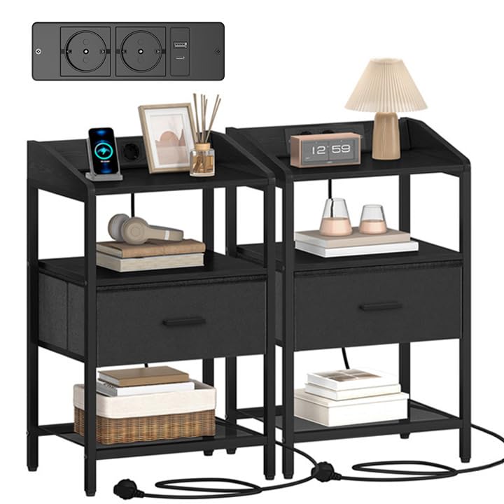 Hzuaneri Table de Chevet Lot de 2, Table d'Appoint avec Multiprise, Tables de Nuit avec 1 tiroir en Tissu et Compartiment Ouvert, pour Chambre à Coucher,...