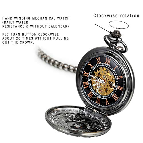 Image of JewelryWe Antique Mechanical Pocket Watch Retro Classic Mechanical Hand-Wind Pocket Watch Steampunk Fob Watch Pendant Watch with Chain, for Father's Day