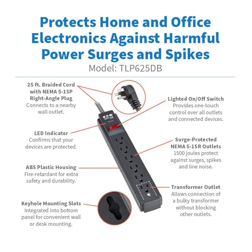 Image of Eaton Tripp Lite Series 6-Outlet Surge Protector Power Strip, Flat Plug 25ft Braided Extension Cord, 1500 Joules, 15A Circuit Breaker, Lifetime Manufacturer's Warranty & $10,000 Insurance (TLP625DB)
