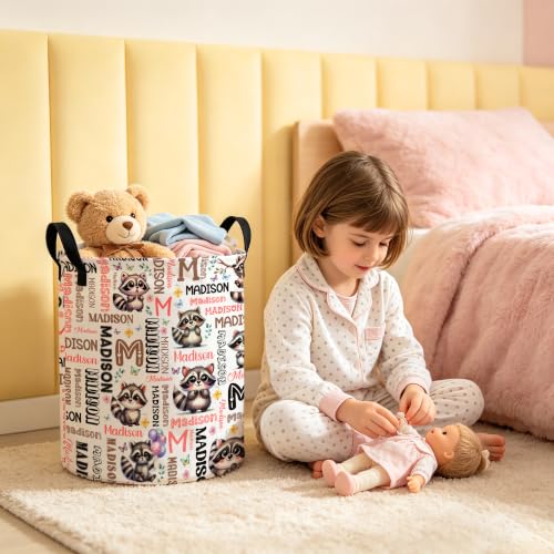 Image of Custom Raccoon Laundry Hamper, Personalized Laundry Basket with Name, Customized Dirty Clothes Basket for Clothes Toy Bathroom Bedroom Storage,S-16.5 inchX 13.8 inch