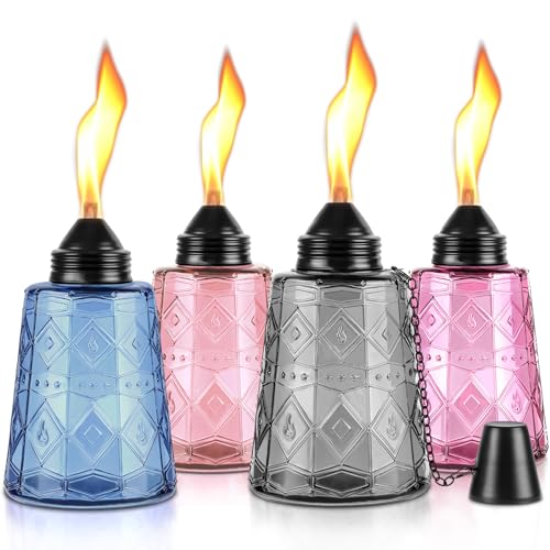 4-Pack Glass Table Top Torches - 12oz Refillable Citronella Torches Canisters for Outdoor Includes Wick & Cap Decorative Lanterns for Patio Garden Yard Party Landscape(Multi-Color)