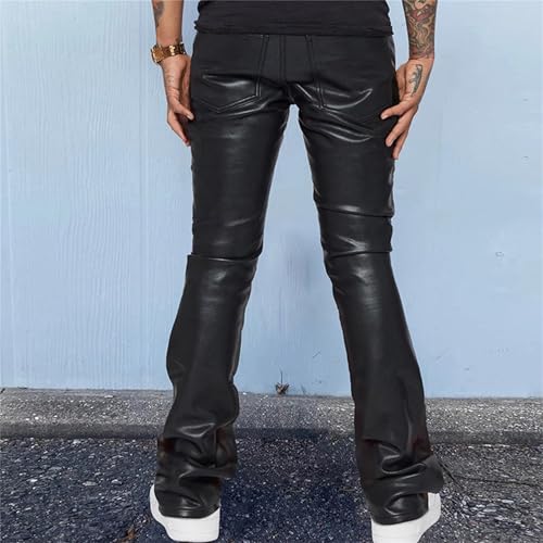Men's Pu Leather Pants High Waist Flare Leg Long Pants with Pockets Casual Straight Leg PU Faux Leather Slim Fit Pants4