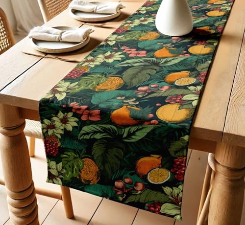 Vargottam Sustainable Cotton Table Runner - Textured Twill Fabric - Elegant Tropical Pattern - Washable Runner for Dining, Console, Coffee Tables