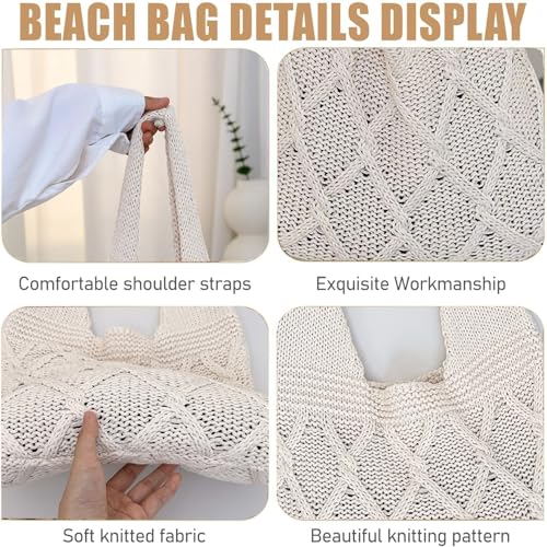 Image of Crochet Tote Bag Beach Mesh Knitted Bag Large Aesthetic Shoulder Bag Handbags Hippie Bag Hollow Hobo Bag for Women (Beige)