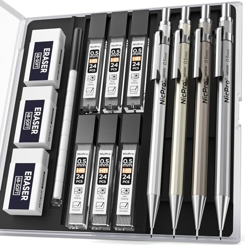 Nicpro 4 pezzi metallo matite meccaniche 0,5 mm con astuccio, set matite meccaniche con 6 tubetti di ricarica HB, 3 gomme 4B, 9 gomme per schizzi, per disegno artistico, scrittura, schizzi e disegno