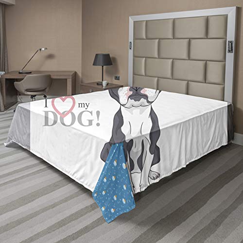 Ambesonne Boston Terrier Flat Sheet, Naive Puppy Tiny Dog Breed Standing by The I Love My Dog Message, Soft Comfortable Top Sheet Decorative Bedding 1 Piece, Queen Size, Grey Coral and White